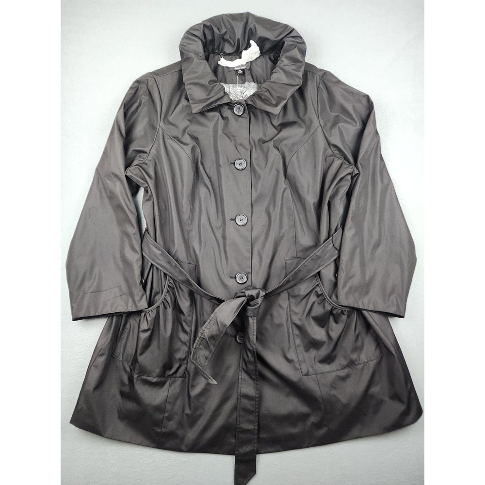 Dennis Basso Coat Womens 2X Black Belted Rain Hooded Button Front Lined Plus